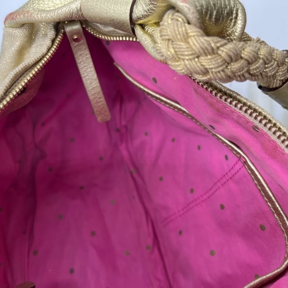 Authenticated Kate Spade Gold Metallic Glitter Canvas Leather Gabi Avalon Hobo‎
